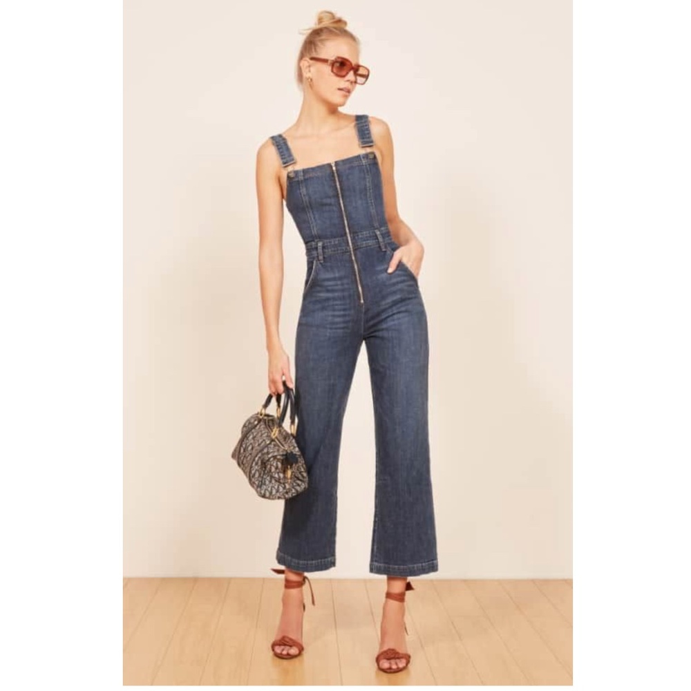 Reformation Jenny Zip Front Denim Ankle Wide Leg Jumpsuit Overalls Size 8